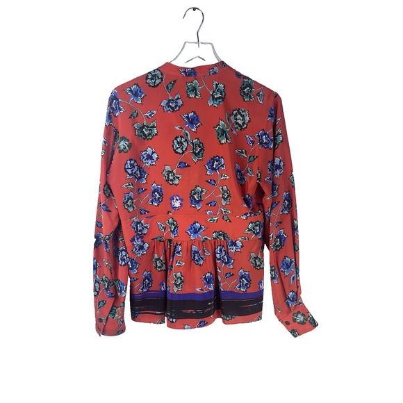 Derek Lam‎ 10 Crosby Womens Floral V-Neck Red Silk Blouse Top Sz 8 Flounce Hem - Picture 5 of 12